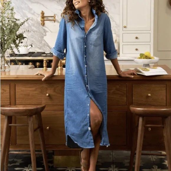 Frank & Eileen Rory Maxi Shirt Dress vintage indigo sz M / Nice fading - Picture 2 of 11